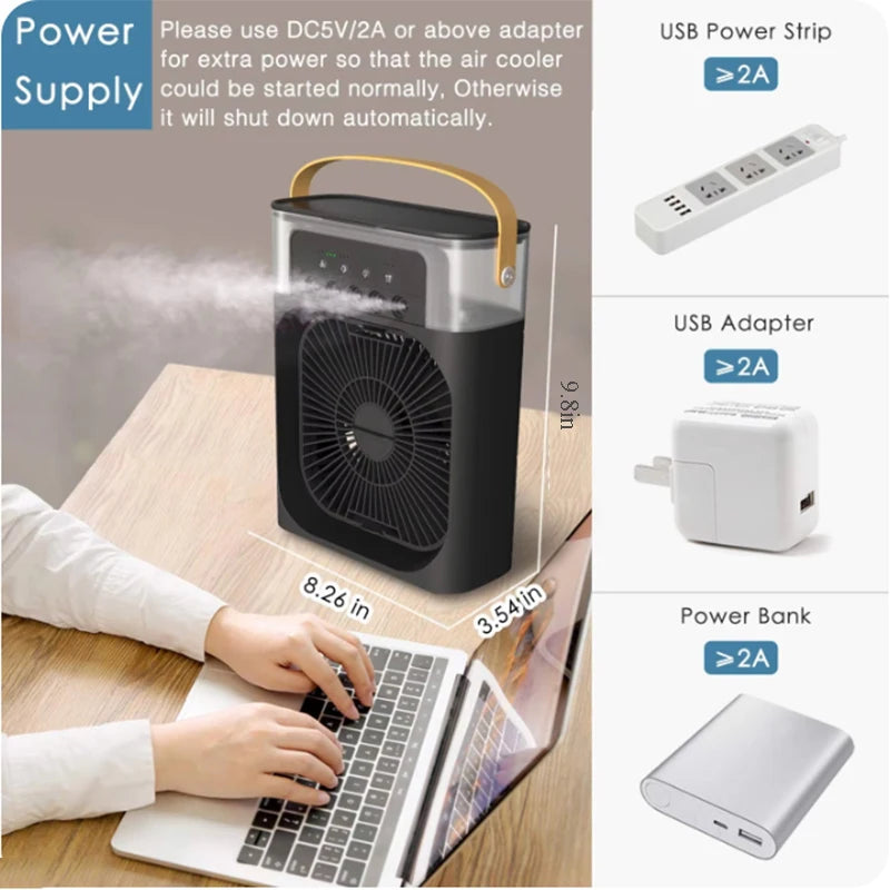 Summer Cooling Fan 3 in 1 Portable Desktop Humidifier USB Mini Air Conditioners Night Light Water Mist for Home, Office